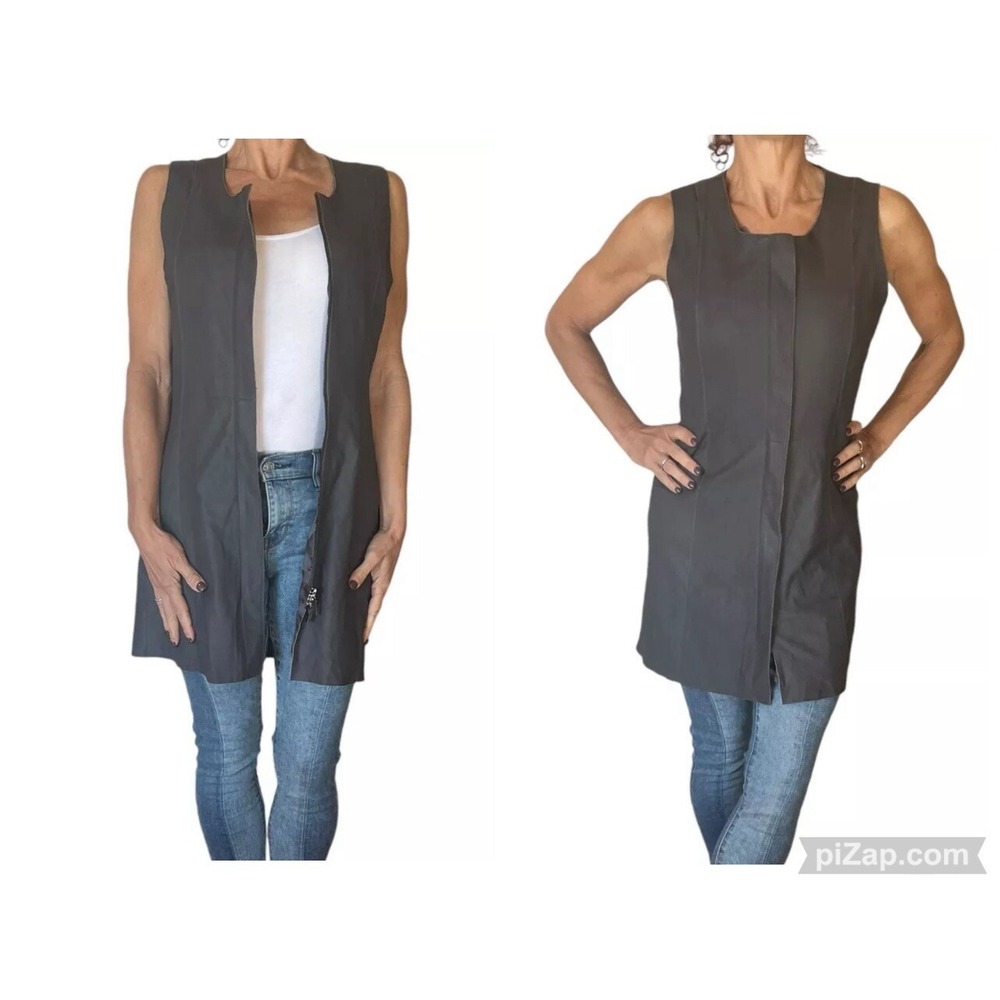 MY TRIBE GENUINE LEATHER BROWN SLEEVELESS FRONT ZIP LONG VEST MINI DRESS S NEW